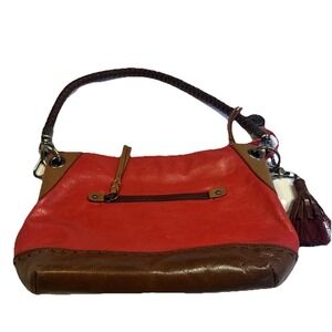 THE SAK Leather Shoulder Bag Vintage 2 Toned Brown & Red Braided Rope Strap